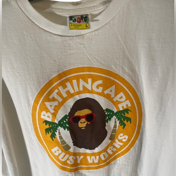 Bathing Ape White Short Sleeve T Shirt Busy Works  Logo Mens Size L like new - Picture 7 of 9